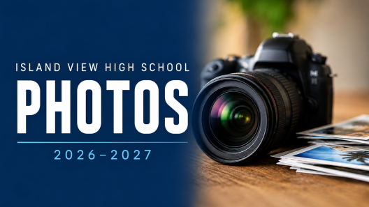 Island View High School Photos 2026–2027 graphic featuring a camera and printed photographs.